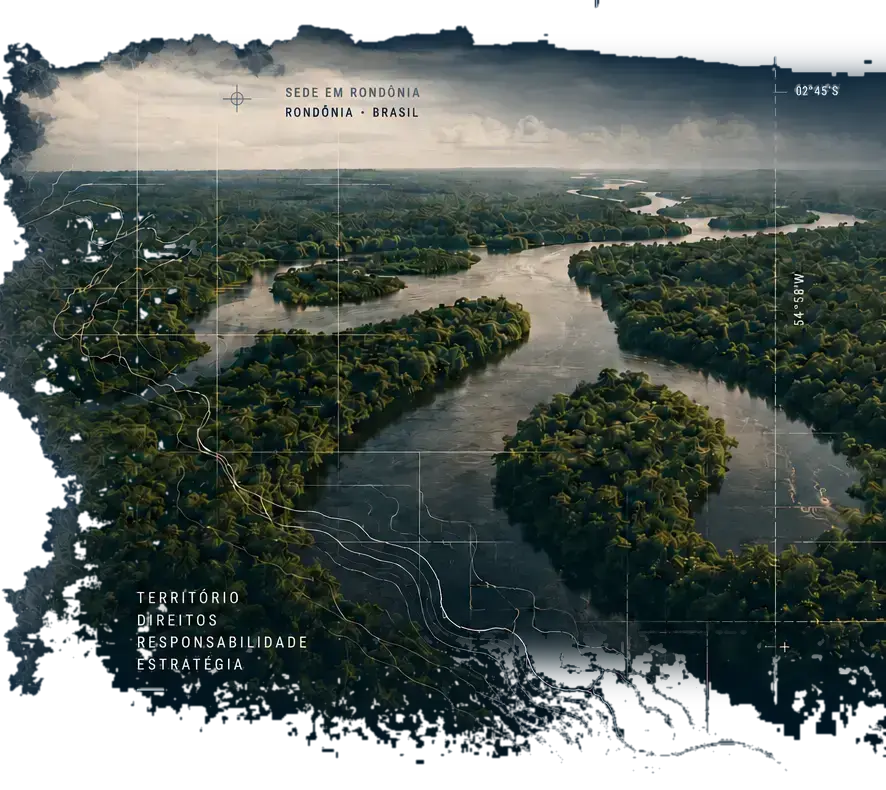 Composição cartográfica sobre paisagem fluvial e florestal de Rondônia